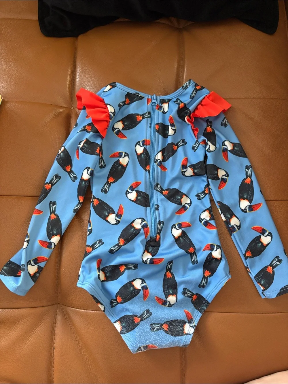 Oasis Blue Toucan Long-Sleeve One-Piece Swimsuit with Red Ruffle